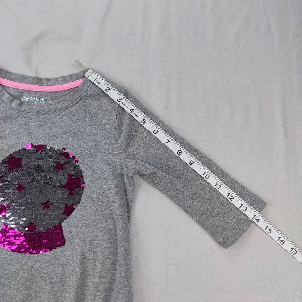 Cat & Jack Shirt Girls S 6/6X Gray Flip Sequin Crystal Ball Side Tie Long Sleeve